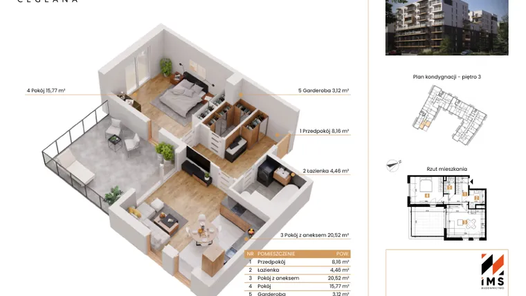 Rzut - Mieszkanie na sprzedaż 2 pokoje o powierzchni 51,89 m² - numer D.3.3 w Rondo Ceglana etap II