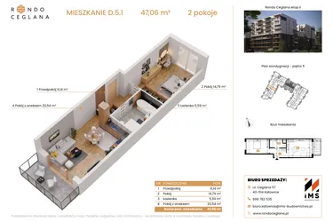 Rzut - Mieszkanie na sprzedaż 2 pokoje o powierzchni 47,03 m² - numer D.5.1 w Rondo Ceglana etap II