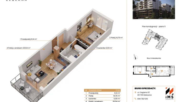 Rzut - Mieszkanie na sprzedaż 2 pokoje o powierzchni 47,03 m² - numer D.5.1 w Rondo Ceglana etap II