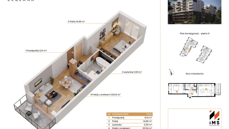 Rzut - Mieszkanie na sprzedaż 2 pokoje o powierzchni 47,05 m² - numer D.6.1 w Rondo Ceglana etap II