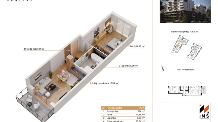 Rzut - Mieszkanie na sprzedaż 2 pokoje o powierzchni 47,02 m² - numer D.7.1 w Rondo Ceglana etap II