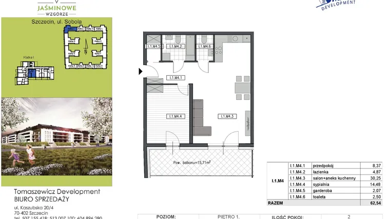 Rzut - Mieszkanie na sprzedaż 2 pokoje o powierzchni 62,54 m² - numer I1M4 w Jaśminowe Wzgórze - etap II