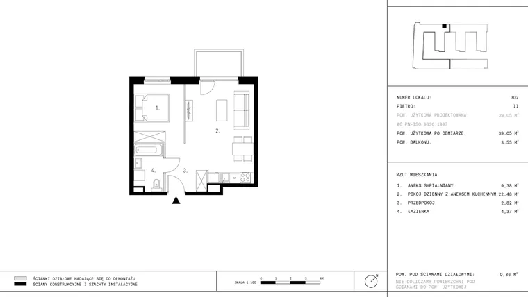 Rzut - Mieszkanie na sprzedaż 1 pokój o powierzchni 39,05 m² - numer 2.A40-302 w Jurowiecka 22
