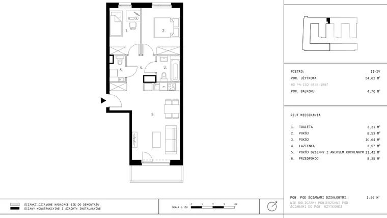 Rzut - Mieszkanie na sprzedaż 3 pokoje o powierzchni 54,62 m² - numer 2.A41-303 w Jurowiecka 22