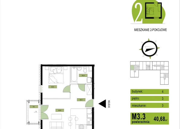Rzut - Mieszkanie na sprzedaż 2 pokoje o powierzchni 40,68 m² - numer 3.3 w Osiedle Symbioza etap IV