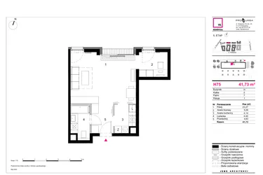 Rzut - Mieszkanie na sprzedaż 1 pokój o powierzchni 41,73 m² - numer H75 w 19. Dzielnica Etap V