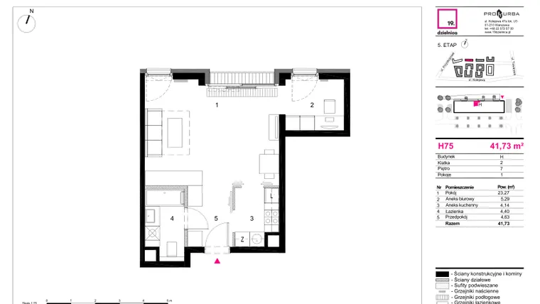 Rzut - Mieszkanie na sprzedaż 1 pokój o powierzchni 41,73 m² - numer H75 w 19. Dzielnica Etap V