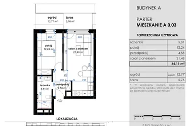 Rzut - Mieszkanie na sprzedaż 2 pokoje o powierzchni 44,11 m² - numer A 0.03 w Osiedle Kwiatowe