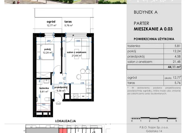 Rzut - Mieszkanie na sprzedaż 2 pokoje o powierzchni 44,11 m² - numer A 0.03 w Osiedle Kwiatowe