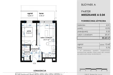 Rzut - Mieszkanie na sprzedaż 2 pokoje o powierzchni 40,68 m² - numer A 0.04 w Osiedle Kwiatowe