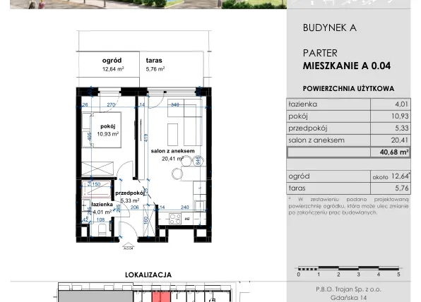 Rzut - Mieszkanie na sprzedaż 2 pokoje o powierzchni 40,68 m² - numer A 0.04 w Osiedle Kwiatowe
