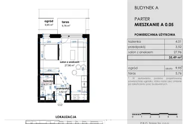 Rzut - Mieszkanie na sprzedaż 1 pokój o powierzchni 35,49 m² - numer A 0.05 w Osiedle Kwiatowe