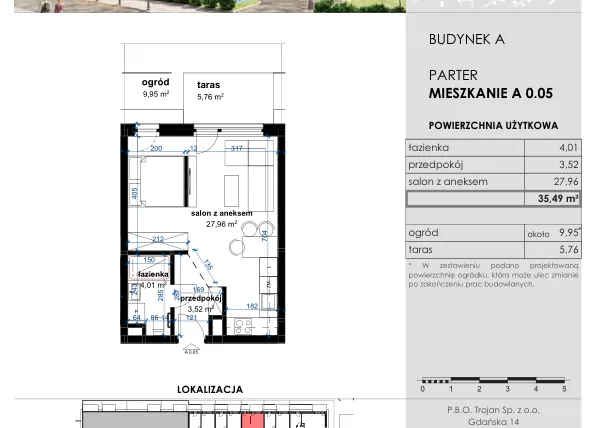 Rzut - Mieszkanie na sprzedaż 1 pokój o powierzchni 35,49 m² - numer A 0.05 w Osiedle Kwiatowe