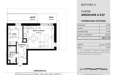 Rzut - Mieszkanie na sprzedaż 2 pokoje o powierzchni 44,51 m² - numer A 0.07 w Osiedle Kwiatowe