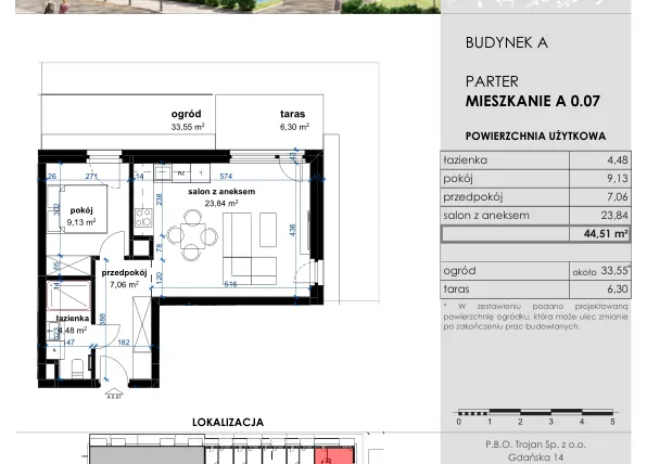 Rzut - Mieszkanie na sprzedaż 2 pokoje o powierzchni 44,51 m² - numer A 0.07 w Osiedle Kwiatowe
