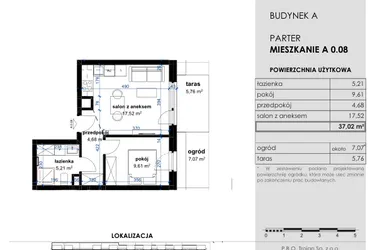 Rzut - Mieszkanie na sprzedaż 2 pokoje o powierzchni 37,02 m² - numer A 0.08 w Osiedle Kwiatowe