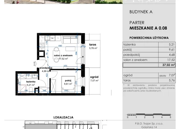 Rzut - Mieszkanie na sprzedaż 2 pokoje o powierzchni 37,02 m² - numer A 0.08 w Osiedle Kwiatowe