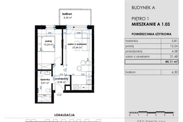 Rzut - Mieszkanie na sprzedaż 2 pokoje o powierzchni 44,11 m² - numer A 1.03 w Osiedle Kwiatowe