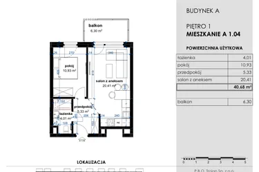 Rzut - Mieszkanie na sprzedaż 2 pokoje o powierzchni 40,68 m² - numer A 1.04 w Osiedle Kwiatowe