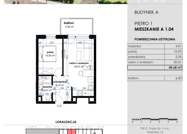 Rzut - Mieszkanie na sprzedaż 2 pokoje o powierzchni 40,68 m² - numer A 1.04 w Osiedle Kwiatowe