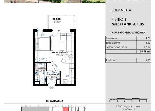 Rzut - Mieszkanie na sprzedaż 1 pokój o powierzchni 35,49 m² - numer A 1.05 w Osiedle Kwiatowe