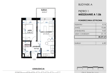 Rzut - Mieszkanie na sprzedaż 2 pokoje o powierzchni 40,59 m² - numer A 1.06 w Osiedle Kwiatowe