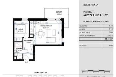 Rzut - Mieszkanie na sprzedaż 2 pokoje o powierzchni 44,51 m² - numer A 1.07 w Osiedle Kwiatowe