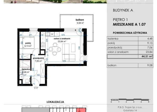 Rzut - Mieszkanie na sprzedaż 2 pokoje o powierzchni 44,51 m² - numer A 1.07 w Osiedle Kwiatowe