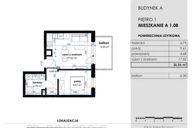 Rzut - Mieszkanie na sprzedaż 2 pokoje o powierzchni 36,56 m² - numer A 1.08 w Osiedle Kwiatowe