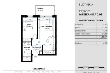 Rzut - Mieszkanie na sprzedaż 2 pokoje o powierzchni 44,11 m² - numer A 2.03 w Osiedle Kwiatowe