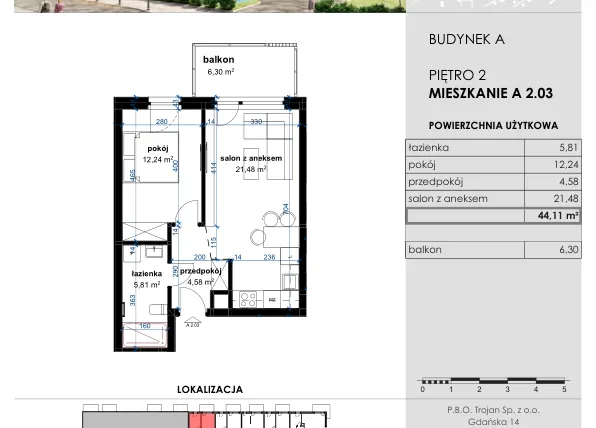 Rzut - Mieszkanie na sprzedaż 2 pokoje o powierzchni 44,11 m² - numer A 2.03 w Osiedle Kwiatowe