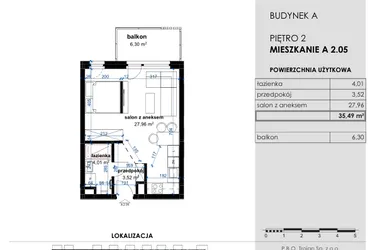 Rzut - Mieszkanie na sprzedaż 1 pokój o powierzchni 35,49 m² - numer A 2.05 w Osiedle Kwiatowe