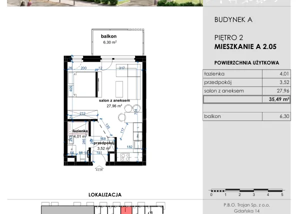 Rzut - Mieszkanie na sprzedaż 1 pokój o powierzchni 35,49 m² - numer A 2.05 w Osiedle Kwiatowe