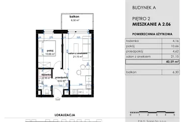 Rzut - Mieszkanie na sprzedaż 2 pokoje o powierzchni 40,59 m² - numer A 2.06 w Osiedle Kwiatowe