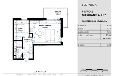 Rzut - Mieszkanie na sprzedaż 2 pokoje o powierzchni 44,51 m² - numer A 2.07 w Osiedle Kwiatowe