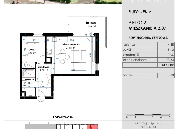 Rzut - Mieszkanie na sprzedaż 2 pokoje o powierzchni 44,51 m² - numer A 2.07 w Osiedle Kwiatowe