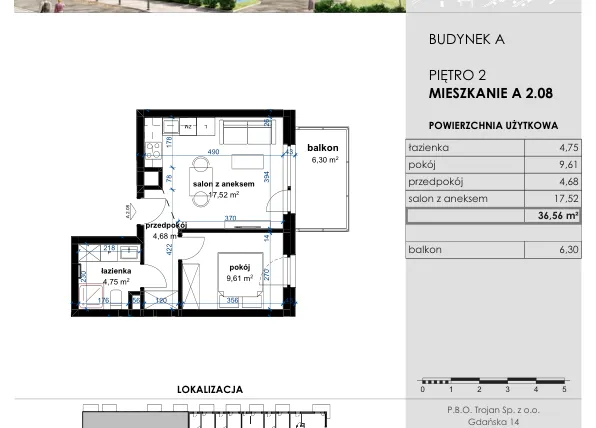 Rzut - Mieszkanie na sprzedaż 2 pokoje o powierzchni 36,56 m² - numer A 2.08 w Osiedle Kwiatowe