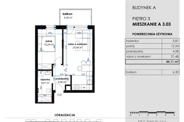 Rzut - Mieszkanie na sprzedaż 2 pokoje o powierzchni 44,11 m² - numer A 3.03 w Osiedle Kwiatowe