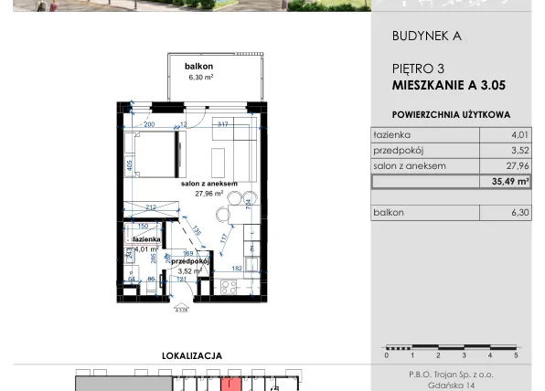 Rzut - Mieszkanie na sprzedaż 1 pokój o powierzchni 35,49 m² - numer A 3.05 w Osiedle Kwiatowe