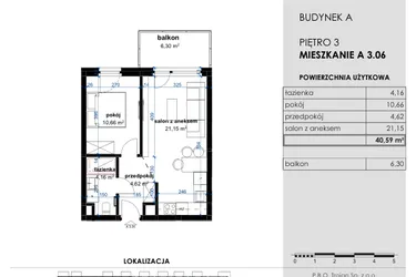 Rzut - Mieszkanie na sprzedaż 2 pokoje o powierzchni 40,59 m² - numer A 3.06 w Osiedle Kwiatowe