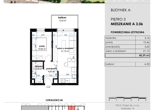 Rzut - Mieszkanie na sprzedaż 2 pokoje o powierzchni 40,59 m² - numer A 3.06 w Osiedle Kwiatowe