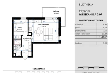 Rzut - Mieszkanie na sprzedaż 2 pokoje o powierzchni 44,51 m² - numer A 3.07 w Osiedle Kwiatowe