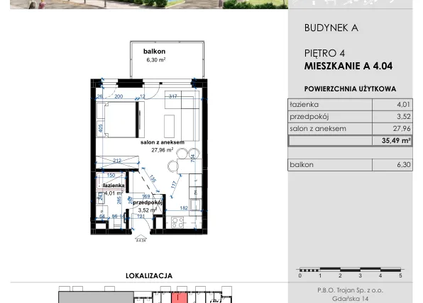Rzut - Mieszkanie na sprzedaż 1 pokój o powierzchni 35,49 m² - numer A 4.04 w Osiedle Kwiatowe