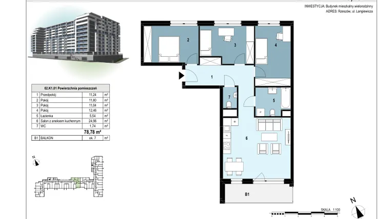 Rzut - Mieszkanie na sprzedaż 4 pokoje o powierzchni 78,71 m² - numer 12 w Langiewicza 37