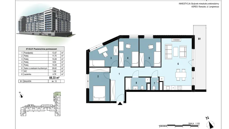Rzut - Mieszkanie na sprzedaż 5 pokoi o powierzchni 88,21 m² - numer 182 w Langiewicza 37