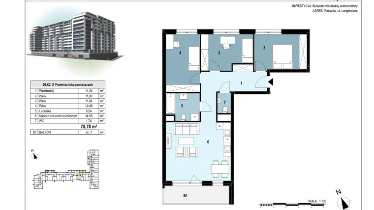 Rzut - Mieszkanie na sprzedaż 4 pokoje o powierzchni 78,84 m² - numer 203 w Langiewicza 37