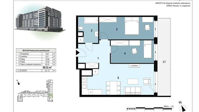 Rzut - Mieszkanie na sprzedaż 3 pokoje o powierzchni 69,31 m² - numer 209 w Langiewicza 37