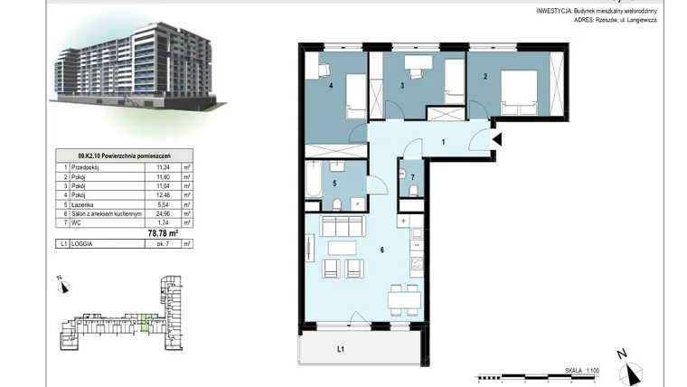 Rzut - Mieszkanie na sprzedaż 4 pokoje o powierzchni 78,84 m² - numer 213 w Langiewicza 37