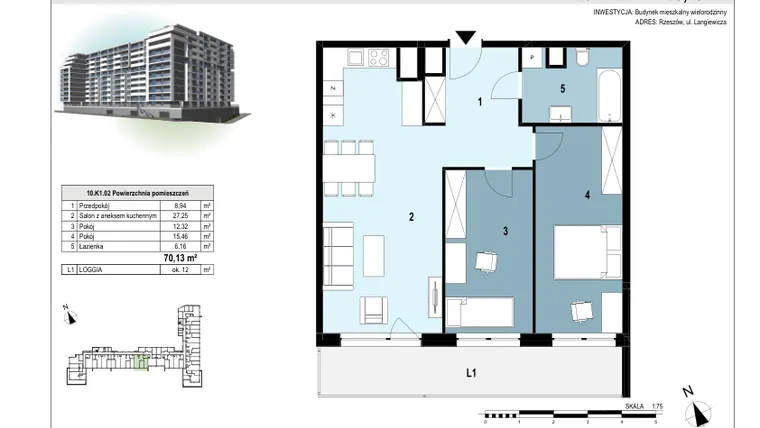 Rzut - Mieszkanie na sprzedaż 3 pokoje o powierzchni 70,21 m² - numer 100 w Langiewicza 37