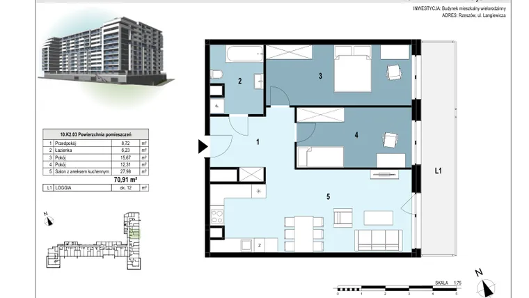 Rzut - Mieszkanie na sprzedaż 3 pokoje o powierzchni 71,13 m² - numer 216 w Langiewicza 37